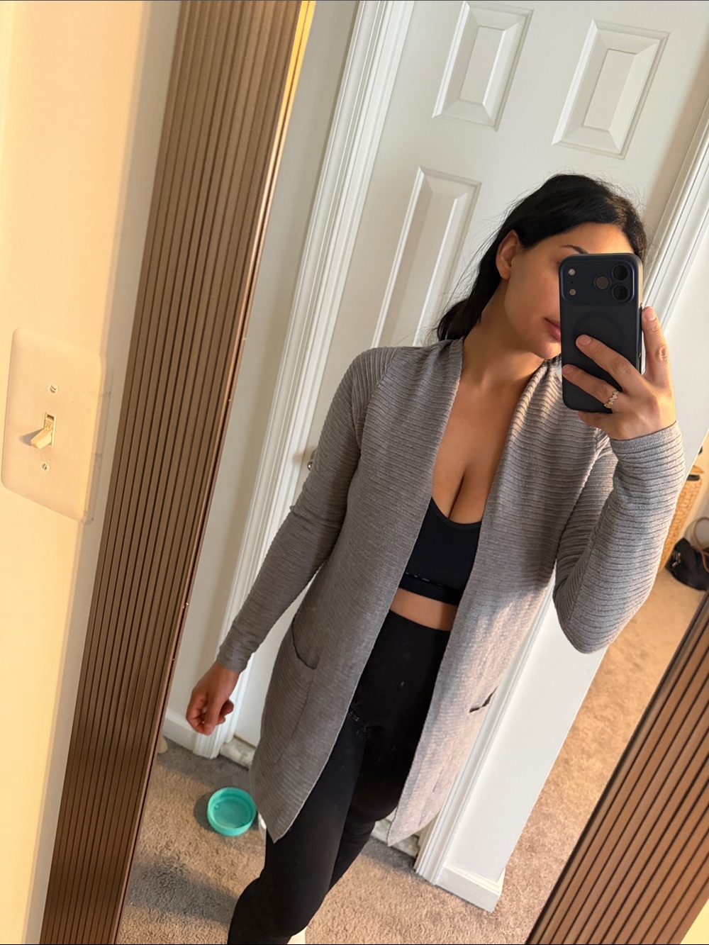 Gray Open-Front Ribbed Long Cardigan Sweater